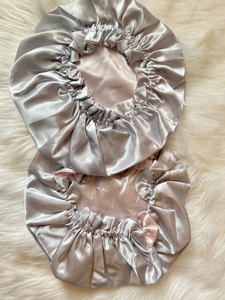 Gray/Light Pink Satin Bonnet